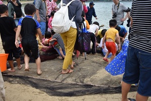 子どもたちが網に捕れた魚を探す様子