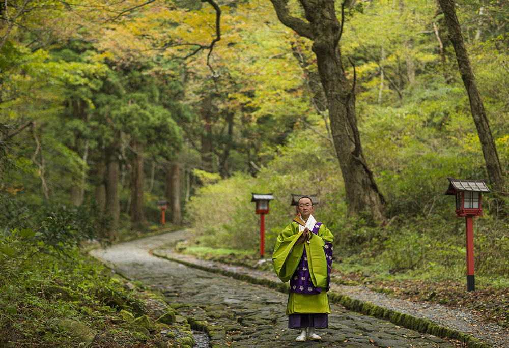 石畳の参道の拡大写真。だいせんじ入り口からおおがみやま神社おくみやまで、約700メートルにわたって続く自然石で作られた参道は、日本一長い石畳の道として知られています。別名“みゆきさんどう”とも呼ばれるこの道は、寛政年間（1789～1800年） にその原形ができたとされています。